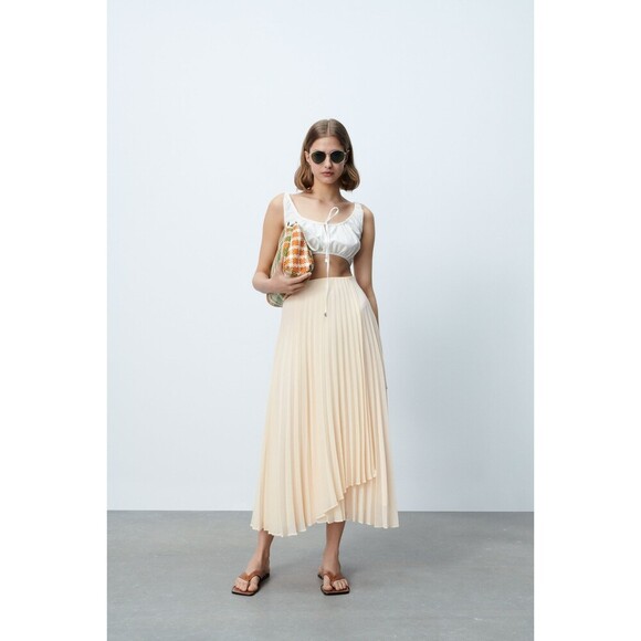 Cream Zara Boho Pleated Faux Wrap Flowy Asymmetrical Hem Midi Skirt (NWT) - Picture 1 of 9